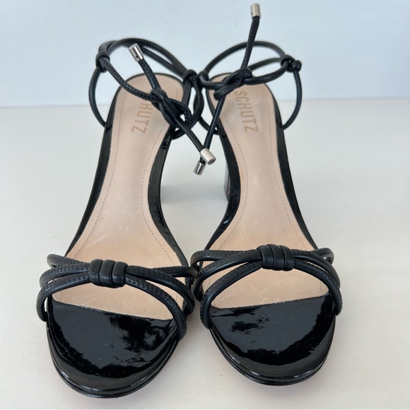 SCHUTZ Paikea Black Stappy Leather Open Toe Ankle Tie Strap Heel Sandal SZ 9 B - Picture 4 of 12
